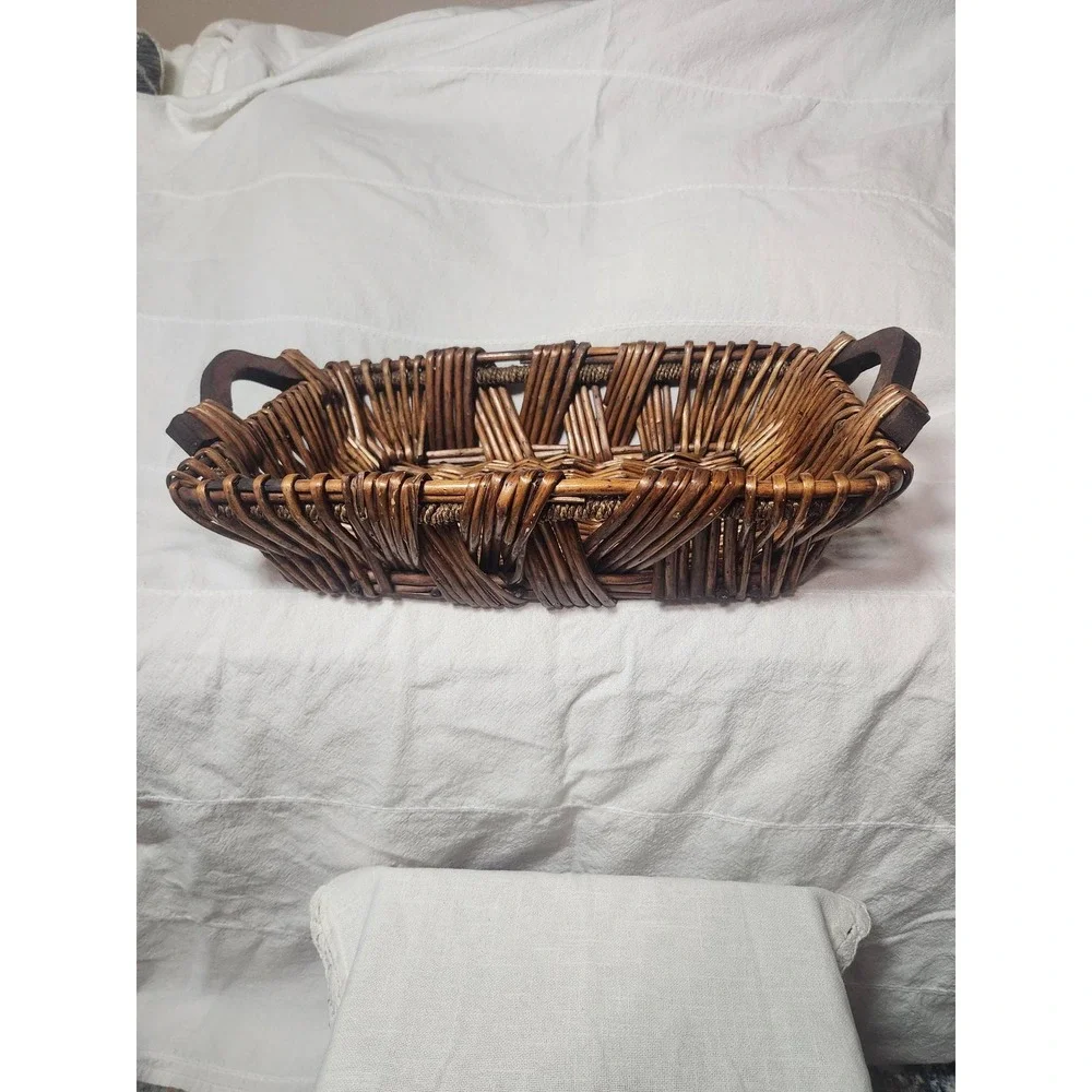 Vintage Rustic Rectangular Wicker Basket with Wood Handles Brown Woven Tray